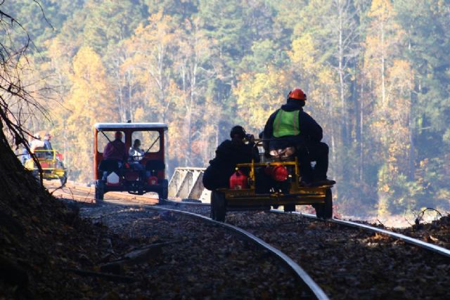 Motorcar operators take a big breath as the round a blind curve and pop out over the 1,000 foot Pee Dee River Bridge. This is right behind the hydro electric facility.